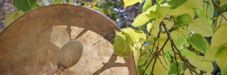 Photo for Handmade, native American style, shaman frame drum covered by goat skin with a beater against fall foliage, web banner - Royalty Free Image