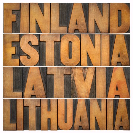 Foto de Estados bálticos, Finlandia, Estonia, Letonia y Lituania - palabra aislada abstracta en tipografía vintage tipo madera - Imagen libre de derechos