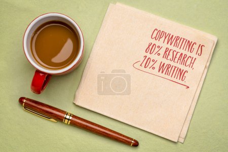 Photo for Copywriting is 80% research, 20% writing - handwriting on a napkin, application of Pareto principle - Royalty Free Image
