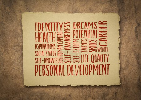 Photo for Personal development word cloud on an art paper, self improvement concept - Royalty Free Image