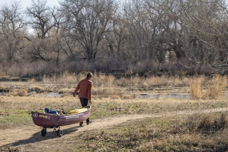 Photo for Evans, CO, USA - April 1, 2023: Female canoeist is towing a whitewater canoe on a cart for early spring paddling on the South Platte River in Colorado. - Royalty Free Image