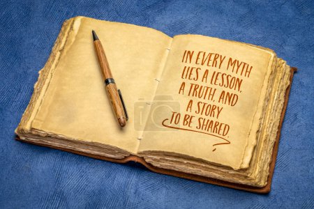 Photo for In every myth lies a lesson, a truth and a story to be shared, handwriting in a retro journal, mythology and legend concept. - Royalty Free Image