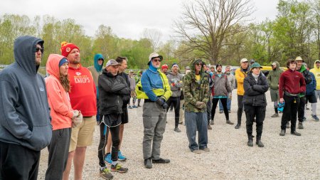 Photo for Lamine, MO, USA - April 22, 2023:  Paddlers are gathering on a cold spring morning for a safety meeting before a paddling trip or race - Lamine River in Missouri, De Bourgmont Access. - Royalty Free Image