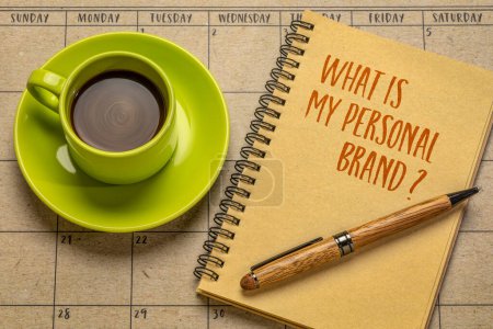 What is my personal brand  question in a notebook with a cup of coffee, identity and style concept