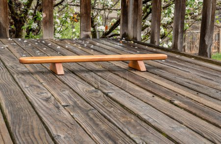 Photo for Persian shena push up board on a backyard wooden deck in springtime scenery - Royalty Free Image