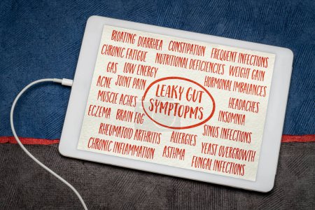 Téléchargez les photos : Symptômes intestinaux fuyants - nuage de mots sur une tablette numérique, concept de santé digestive - en image libre de droit