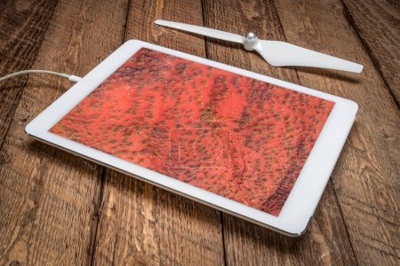 Photo for Red badlands landscape with a coarse vegetation in Colorado foothills, reviewing an aerial image on a digital tablet - Royalty Free Image