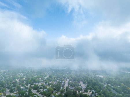 Photo for Foggy and cloudy spring morning over Fort Collins, Colorado, aerial view - Royalty Free Image
