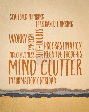 Photo for Mind clutter word cloud on an art paper, mental health and personal development concept - Royalty Free Image