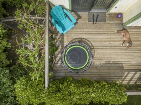 Photo for Senior male is exercising with Indian clubs on a rebounding trampoline, aerial view of a backyard deck - Royalty Free Image