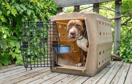 Photo for Red nose pit bull dog in his travel kennel on a wooden backyard patio - Royalty Free Image