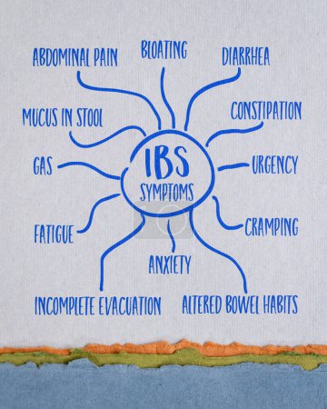 Photo for IBS Irritable Bowel Syndrome symptoms - infographics or mind map sketch on art paper, digestive track and gut health concept - Royalty Free Image