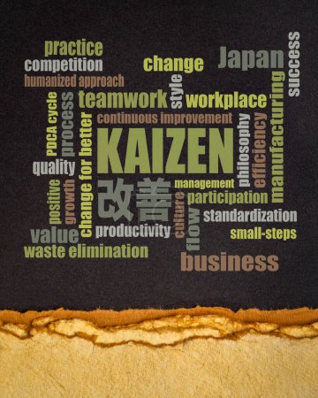 Photo for Kaizen - Japanese continuous improvement concept - word cloud on a black paper - Royalty Free Image