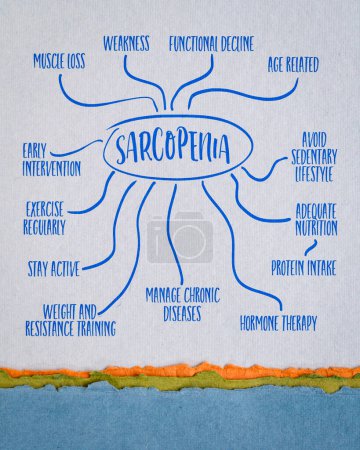 Photo for Sarcopenia, muscle loss with age and ways of its prevention - infographics or mind map sketch on art paper, health and lifestyle concept - Royalty Free Image