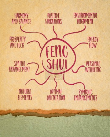Téléchargez les photos : Infographie du Feng shui ou croquis de carte mentale, philosophie et pratique chinoises anciennes qui cherchent à harmoniser les individus avec leur environnement - en image libre de droit