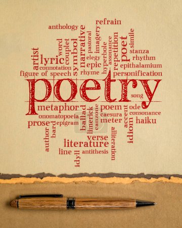 Foto de Palabra poesía nube - escritura a mano en un papel de arte hecho a mano, términos de literatura - Imagen libre de derechos
