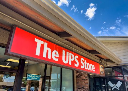 Photo for Fort Collins, CO, USA - July 10,2023: Entrance sign for The UPS Store, a subsidiary of United Parcel Service which provides, shipping, shredding, printing, fax, passport photos, personal and business mailboxes. - Royalty Free Image