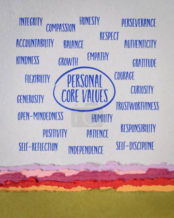Photo for Word cloud of potential personal core values - text on art paper, personal development concept - Royalty Free Image