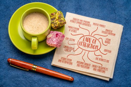 Photo for Law of attraction infographics or mind sketch on a napkin, flat lay with coffee, personal growth and motivation concept - Royalty Free Image
