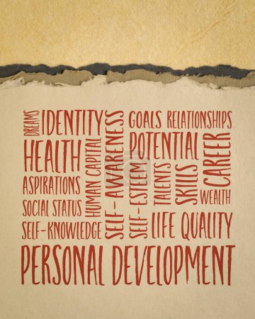 Photo for Personal development word cloud on an art paper, inspirational self improvement concept - Royalty Free Image