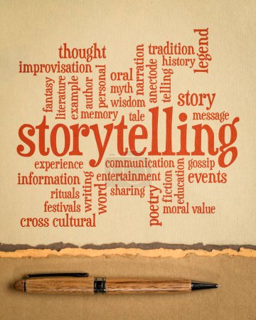 Story und Storytelling Wortwolke auf Kunstpapier mit Stift, Kultur, Kommunikation, Unterhaltung und Bildungskonzept
