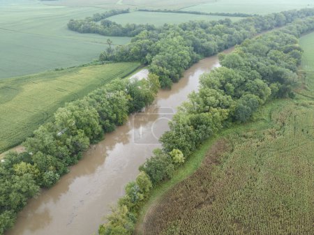 hazy summer morning over flooded Lamine River at Roberts Bluff access in Missouri, aerial view