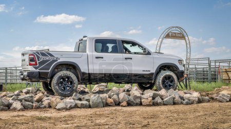 Photo for Loveland, CO, USA - August 26, 2023: RAM Rebel truck on a rocky training off-road trail course. - Royalty Free Image