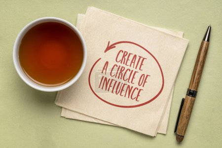 Foto de Crear un círculo de consejos de influencia - escritura inspiradora en una servilleta con una taza de té - Imagen libre de derechos