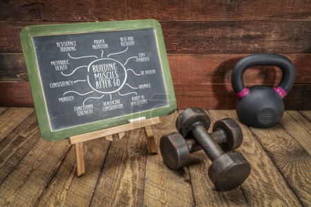 Photo for Building muscle after 60 - infographics or mind map sketch on a blackboard with a kettlebell and dumbbells, senior health and fitness concept - Royalty Free Image