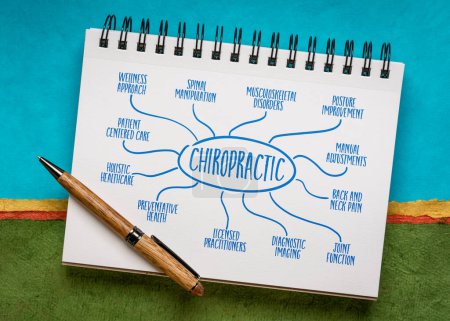 Photo for Chiropractic wellness approach - infographics or mind map sketch on a spiral notebook, holistic healthcare and alternative medicine concept - Royalty Free Image