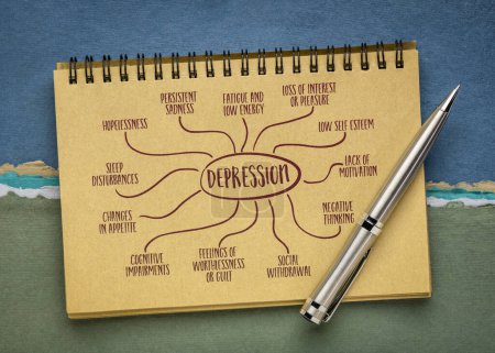 Foto de Infografías de depresión o bosquejo de mapas mentales en un cuaderno en espiral, fenómeno emocional y psicológico - Imagen libre de derechos
