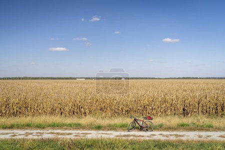 Photo for Corn field ready for harvest along Steamboat Trace Trail converted from old railroad near Peru, Nebraska, gravel bike - Royalty Free Image