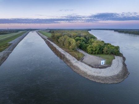Photo for Upstream entry to the Chain of Rock Bypass Canal from the Mississippi River above St Louis, aerial view at October dawn - Royalty Free Image