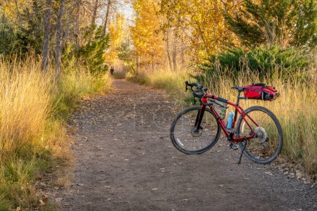 Téléchargez les photos : Randonnée à vélo de gravier sur un sentier dans le nord du Colorado dans les paysages d'automne - en image libre de droit