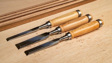 Photo for Set of wood chisels against okoume plywood - woodworking concept - Royalty Free Image