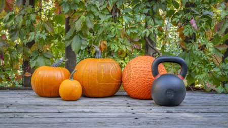 Photo for Heavy iron kettlebell, slame ball with pumpkins on a wooden backyard deck in fall scenery - Royalty Free Image