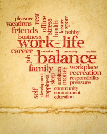 Foto de Trabajo vida equilibrio palabra nube en papel de arte, carrera y estilo de vida concepto, cartel vertical - Imagen libre de derechos