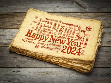Glückliches Neues Jahr 2024 Glückwunschkarte - Wortwolke auf Retro-Büttenpapier gegen rustikales Holz