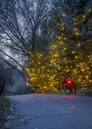 Foto de Bicicleta de montaña en una pista de ciclismo en Fort Collins, Colorado, al atardecer con abetos decorados con luces navideñas - Imagen libre de derechos