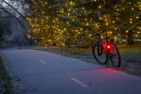 Foto de Bicicleta de montaña en una pista de ciclismo en Fort Collins, Colorado, al atardecer con abetos decorados con luces navideñas - Imagen libre de derechos