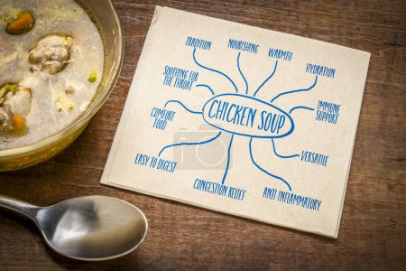 Téléchargez les photos : Soupe de poulet - infographie ou carte mentale esquisse sur une serviette avec une bopwl de soupe, concept de saine alimentation - en image libre de droit