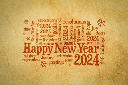 Photo for Happy New Year 2024 greetings card  - word cloud on a retro handmade paper - Royalty Free Image