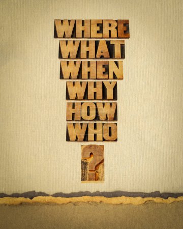 Photo for Who, what, where, when, why, how questions  - brainstorming or decision making concept - words in vintage letterpress wood type against art paper - Royalty Free Image