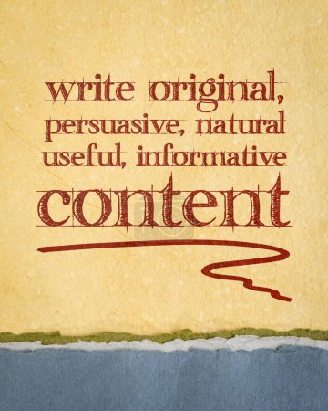 Téléchargez les photos : Écrire du contenu original, persuasif, naturel, utile et instructif - créer des conseils sur le contenu - du texte sur du papier d'art - en image libre de droit