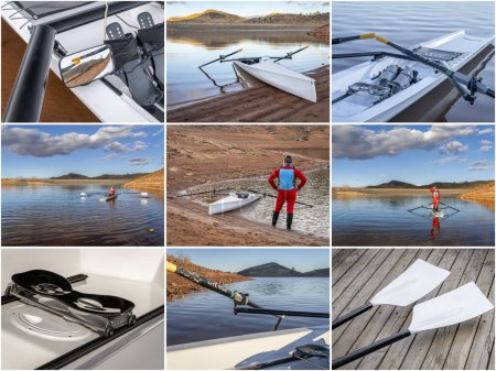Photo for Collage of images of a coastal rowing shell on Horsetooth Reservoir in Colorado featuring the same senior male rower - Royalty Free Image