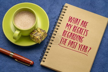 Photo for What are my regrets regarding  the past year? Self reflection question on a napkin. Review of failures in the past year. - Royalty Free Image