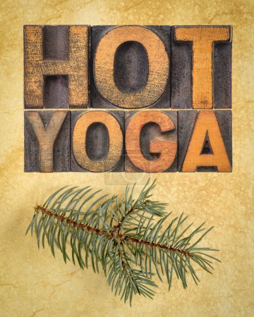 Foto de Palabra yoga caliente abstracto - texto en tipografía madera tipo bloques de impresión sobre papel de arte, póster vertical - Imagen libre de derechos