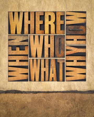 Photo for Who, what, how, why, where, when, questions  -  brainstorming or decision making concept - a collage of words in vintage letterpress wood type on art paper - Royalty Free Image