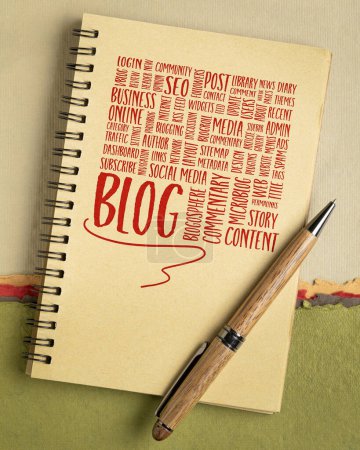 Téléchargez les photos : Nuage de mots ou de tags liés au blogging et à la conception de blog - écriture manuscrite dans un carnet, affiche verticale - en image libre de droit