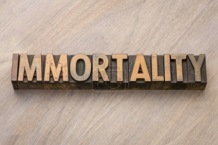 Photo for Immortality word in vintage letterpress wood type printing blocks, indefinite continuation of a person's existence, even after death - Royalty Free Image